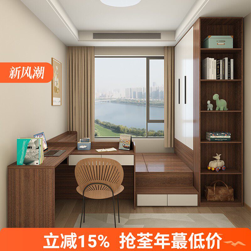 小户型高箱榻榻米带书桌床衣柜一体床组合板式踏踏米小房间单人床