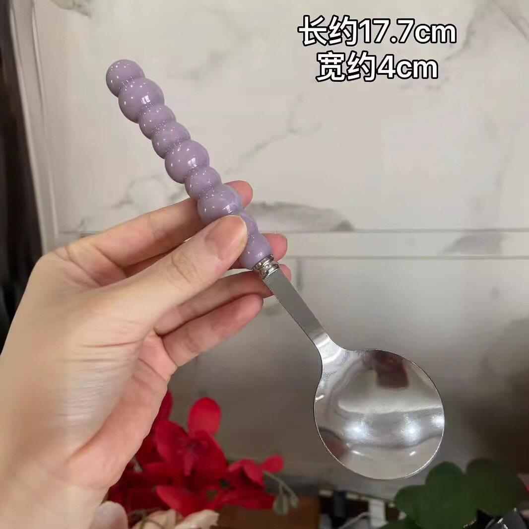 高颜值彩色珍珠不锈钢勺子塑料手柄餐勺少女心家用调羹小汤勺圆勺
