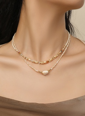 彩色天然石贝壳珠钛钢锁骨链女