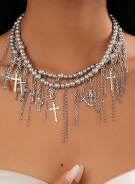 欧美复古仿珍珠串珠十字架项链