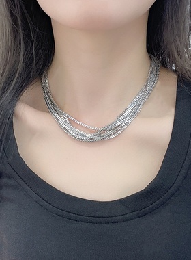 欧美冷淡风多层金属盒子链项链