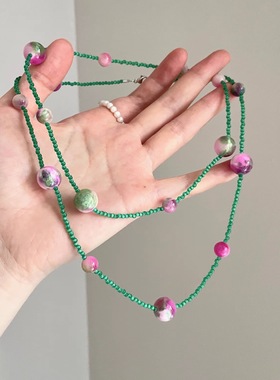 Vintage古着 Green crystal rose red texture beads项链