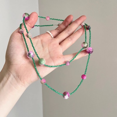 Vintage古着 Green crystal rose red texture beads项链