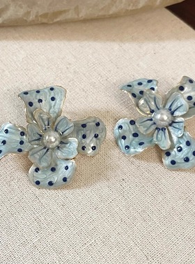 Vintage古着 Oil drip spot blue flower耳饰