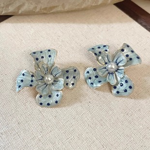 blue Vintage古着 spot drip flower耳饰 Oil