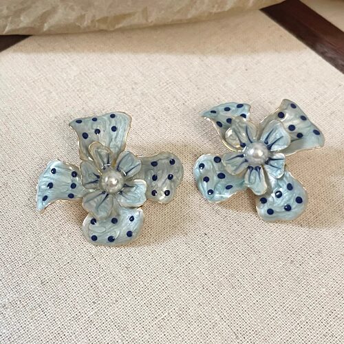 Vintage古着 Oil drip spot blue flower耳饰