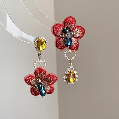 Vintage古着 Cloth embroidery flowers耳饰