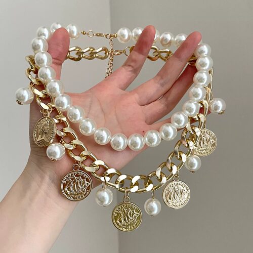 Vintage古着 Medallion Pearl Stack项链
