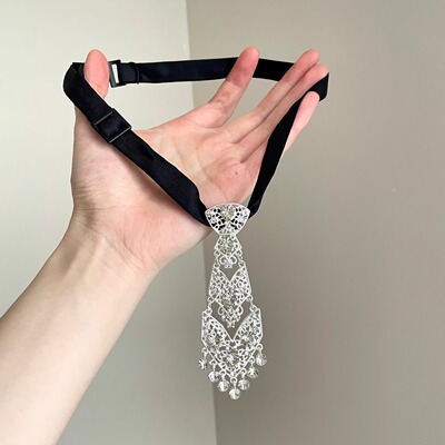 Vintage古着 Diamond-inlaid pearl tie项链