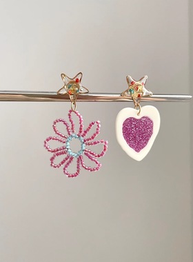 Vintage古着 Dopamine rose red love flower耳饰