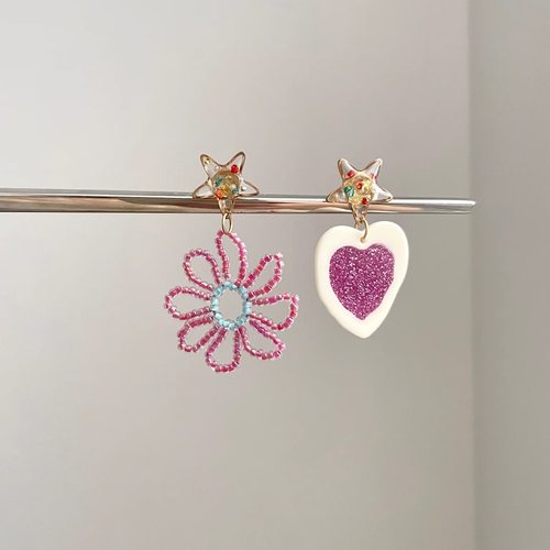 Vintage古着 Dopamine rose red love flower耳饰