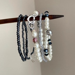 Heart White Pearl手串 Black Vintage古着