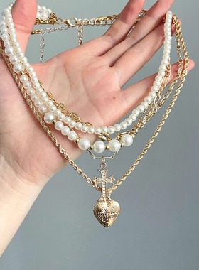 Vintage古着 Love and Redemption多层珍珠爱心十字架颈链