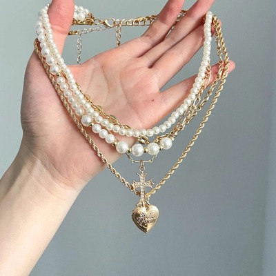 Vintage古着 Love and Redemption多层珍珠爱心十字架颈链
