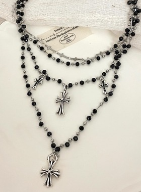 Vintage古着 Cross pendant black beads项链