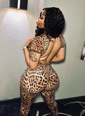 Joskaa Leopard Print Jumpsuit Women Sexy Short Sleeve Backle