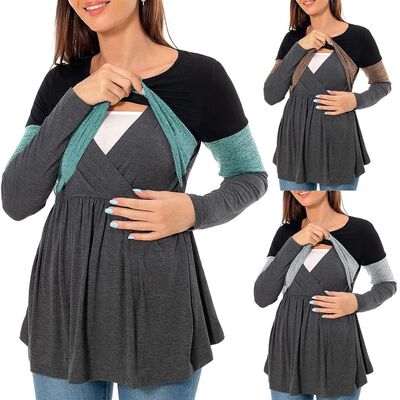 Maternity Nursing T Shirt Pregnant Womens Long Sleeve Patchw