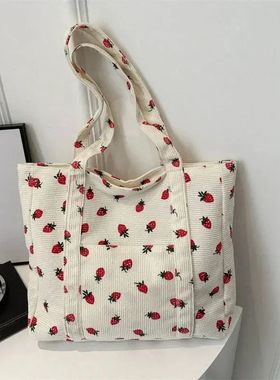 Corduroy Handbag Strawberries Beach Bag Fashionable Versatil