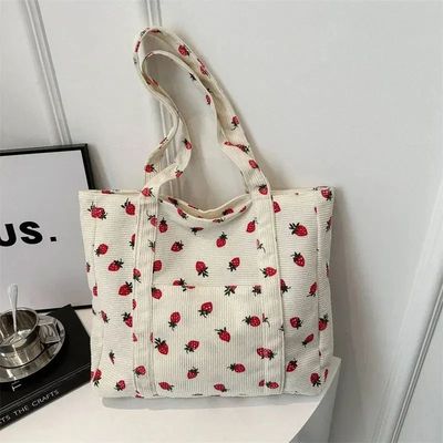 Corduroy Handbag Strawberries Beach Bag Fashionable Versatil
