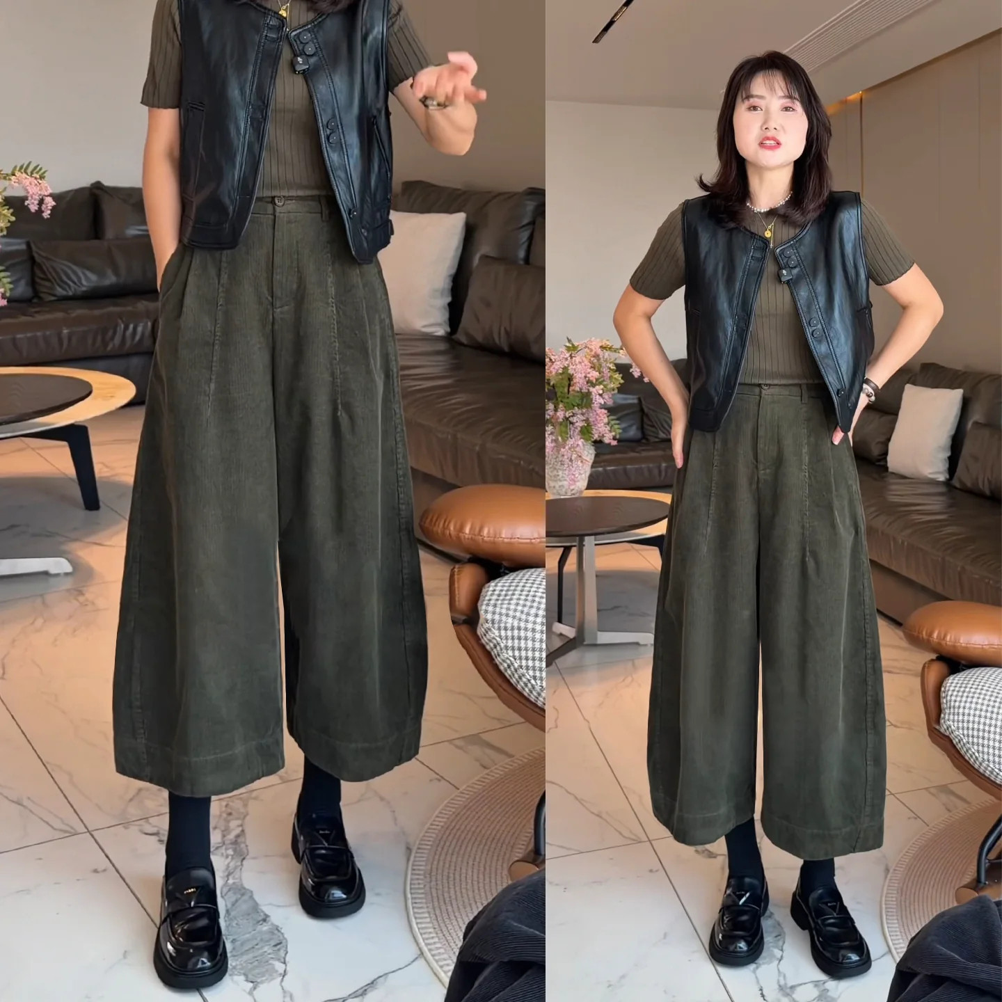 绿色灯芯绒八分裤女秋冬季2026新款小个子超飒中裤外穿高腰阔腿裤