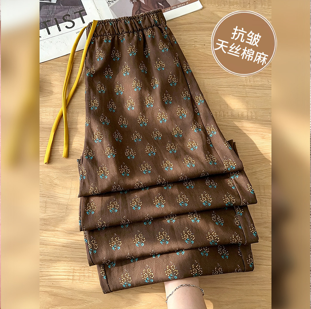 咖色天丝亚麻印花国风女夏季薄款2026新款棉麻独特休闲高腰直筒裤