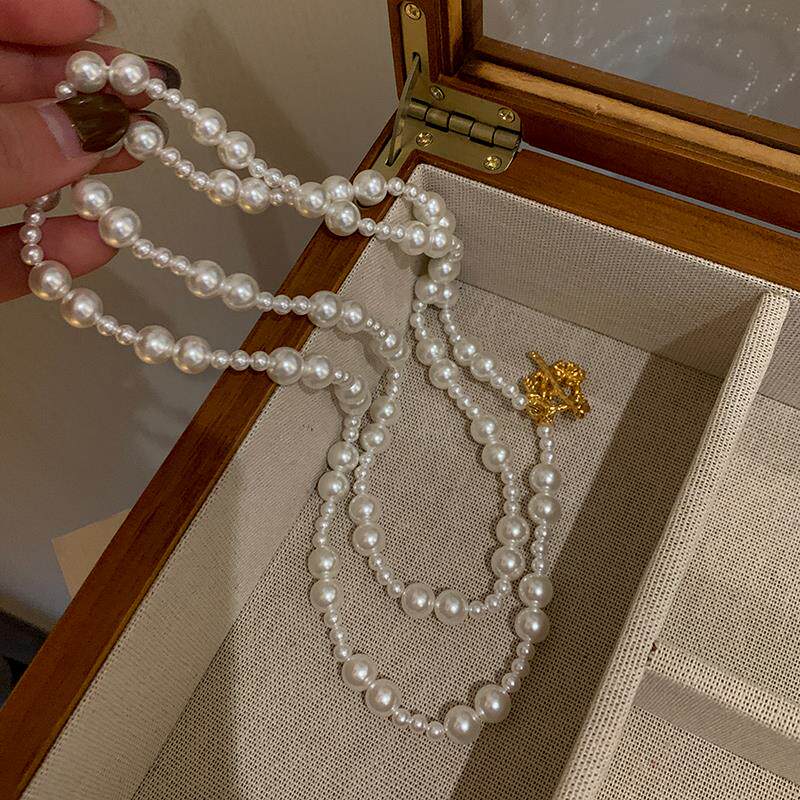 小香风OT扣澳白色长款双层叠戴珍珠毛衣项链女高端轻奢高级感颈链