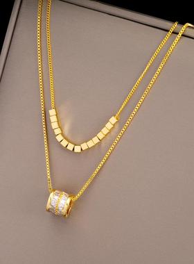 奢华超闪方块双层叠戴项链女轻奢微镶锆石小蛮腰锁骨链优雅气质潮