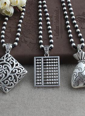 复古藏银四方来财项链长款毛衣链女挂件民族风算盘时来运转花吊坠