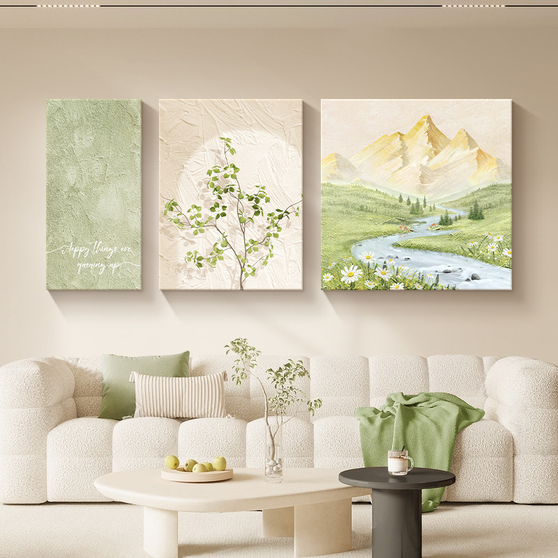 客厅装饰画奶油风山水风景日照金山沙发背景墙挂画原木风三联壁画