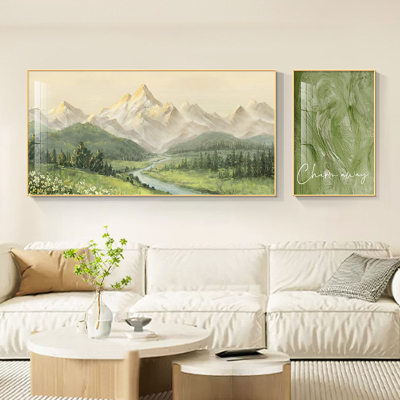 日照金山风景客厅装饰画沙发背景墙高级感山水画背有靠山两联挂画