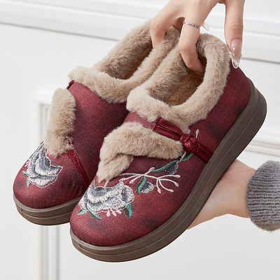 冬季新款女士棉鞋加绒老北京布鞋保暖民族风刺绣中国风软底防滑