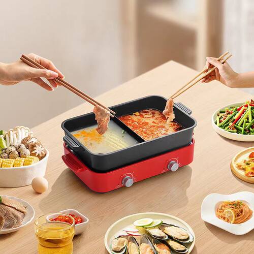 跨境专供110V多功能料理锅鸳鸯锅分体电火锅家用小家电烤涮一体锅