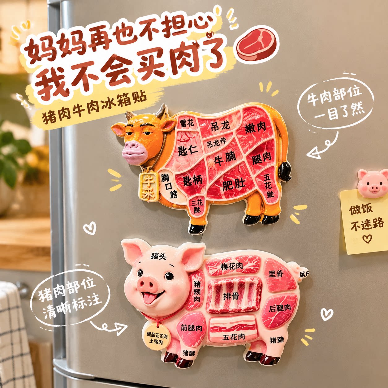 猪肉牛肉部位图解冰箱贴树脂立体认肉磁贴家居厨房装饰摆件小礼物