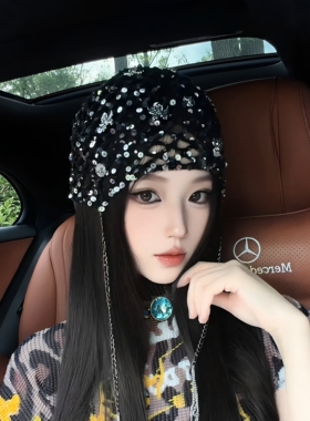 黑网亮片包头帽子夏季透气百搭