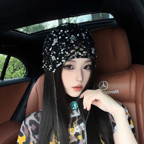 黑网亮片包头帽子夏季透气百搭