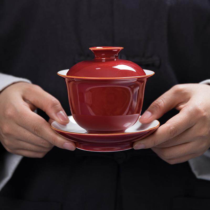 陶瓷盖碗功夫茶具大号三才茶碗不烫手红色釉婚庆结婚敬茶杯敬茶碗