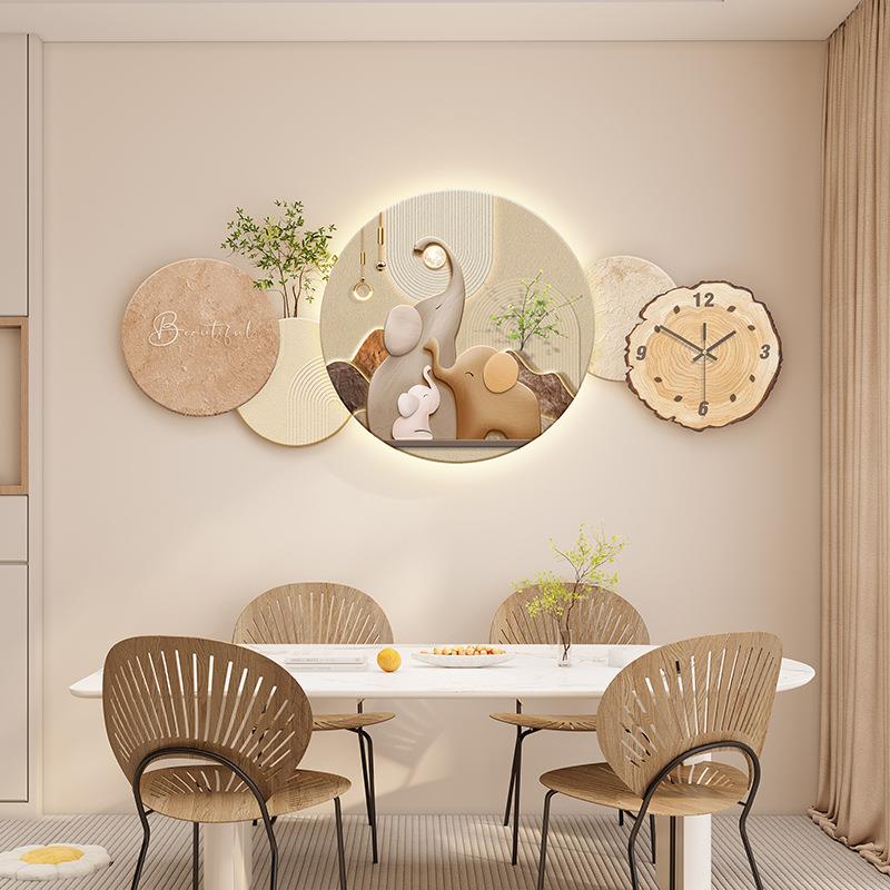 奶油侘寂风餐厅装饰画带钟表抽象花卉壁画石来运转砂岩背景墙挂画