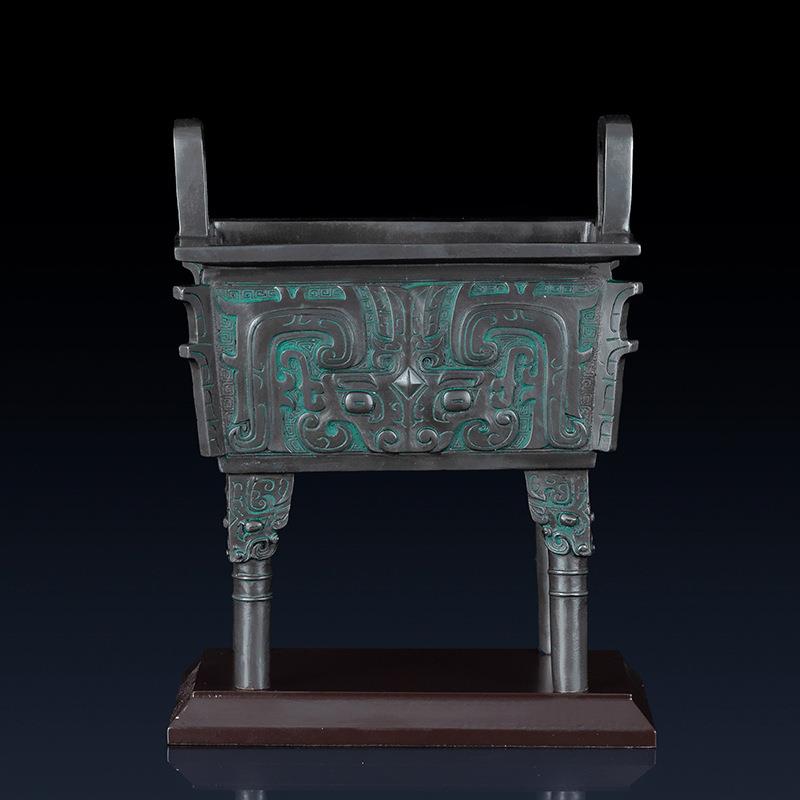 纯黄铜厚趠方鼎青铜器摆件工艺品创意中式家居客厅办公室桌面铜器