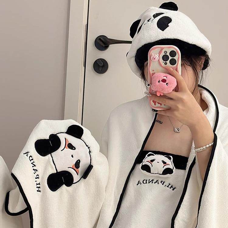 熊猫珊瑚绒毛巾浴巾套装可爱卡通少女心干发帽浴裙吸水加厚三件套