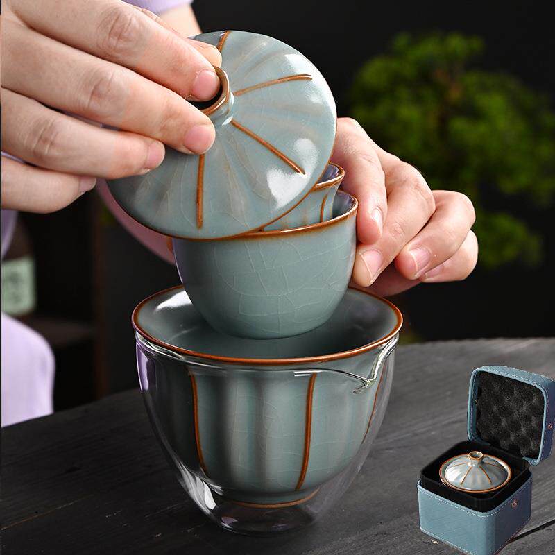 旅行快客杯汝窑一壶二杯便携收纳包功夫旅行茶具套装文创活动礼品