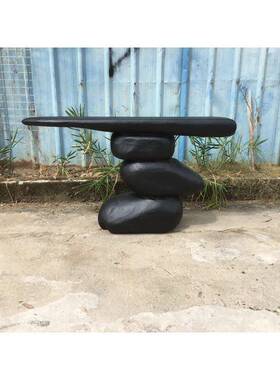 原创侘寂风碳化黑色实木原木设计艺术定制复古创意玄关桌异形桌子