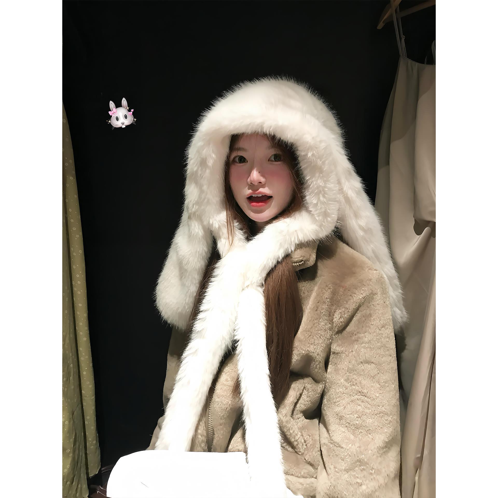 兔耳朵帽子女护耳显脸小秋冬季加厚毛绒保暖防寒可爱甜美围巾一体
