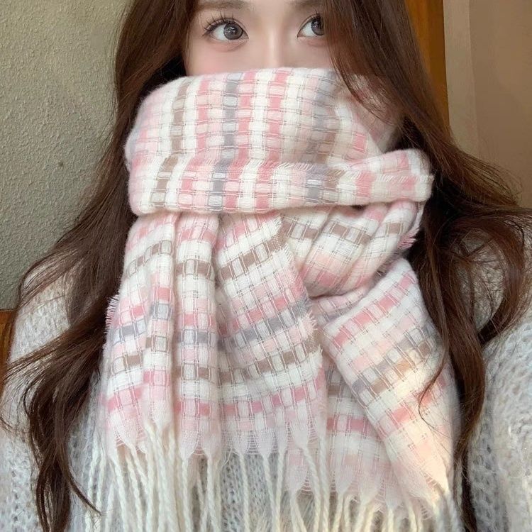 可爱格子2025围巾加厚冬季甜美