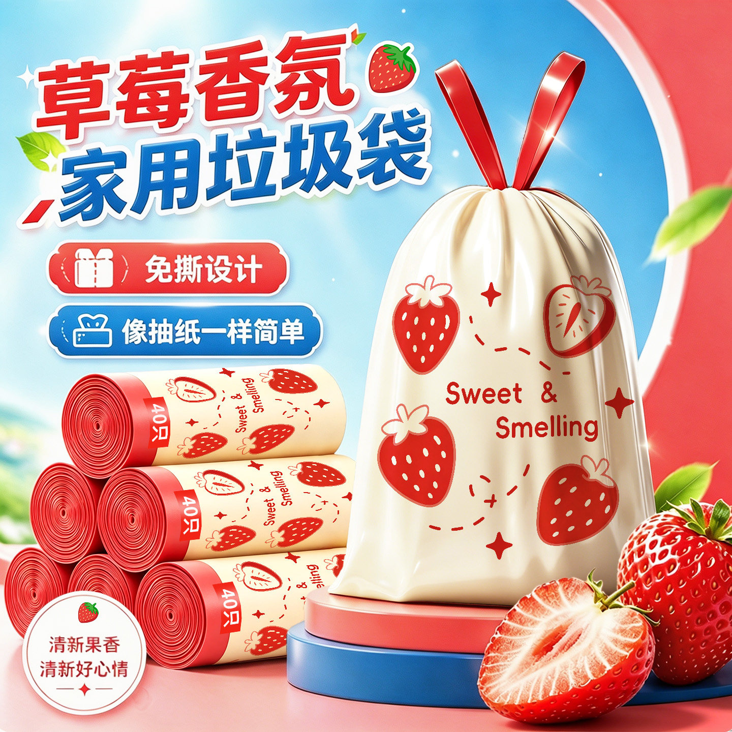 草莓香氛垃圾袋家用加厚免撕祛味抽绳手提式厨房卧室宿舍用塑料袋图片