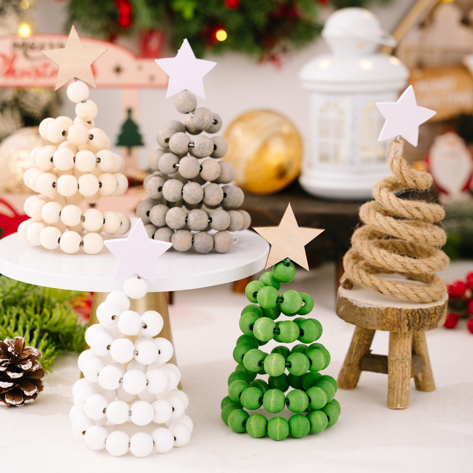 豪贝圣诞节装饰 木珠圣诞树创意北欧ins木质圣诞树桌面小摆件摆设