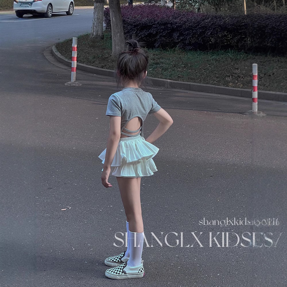 女童韩版纯色裙裤套装中大童夏季新款洋气时髦露背短袖休闲