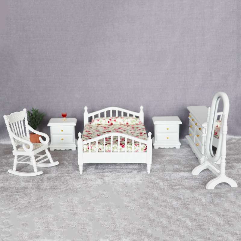1:12迷你娃娃屋dollhouse12分娃娃用家具模型摆件白色卧室6件套装