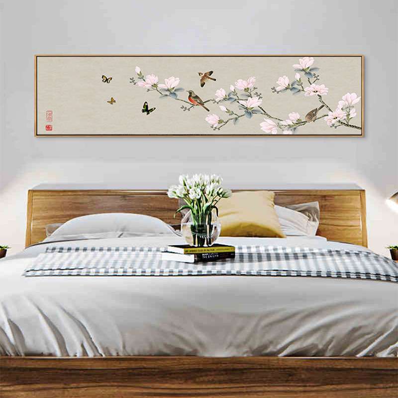 五番暖风 新中式卧室装饰画床头墙画横幅花鸟 日式文艺原木风挂画图片