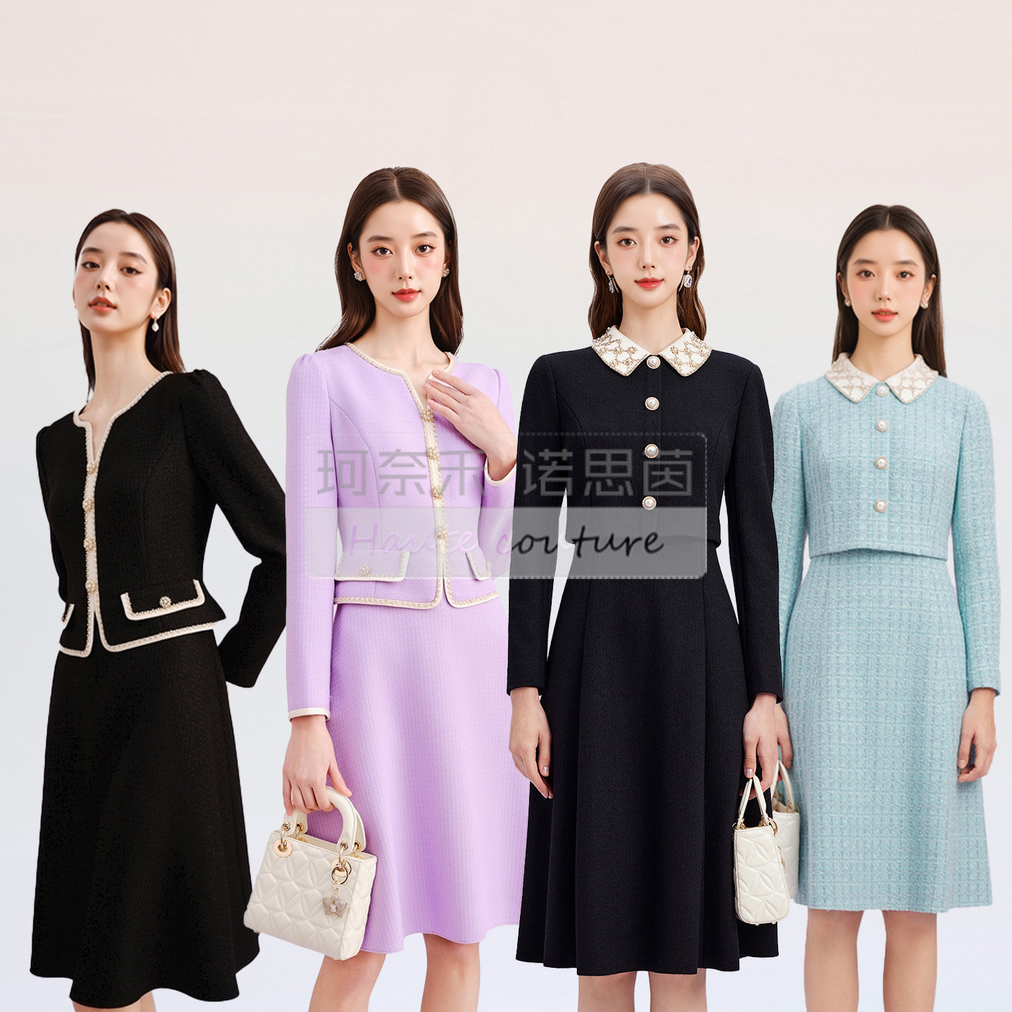 拉商场同款气质香风假两件钉珠连衣裙25秋冬季时尚新款中长款长裙