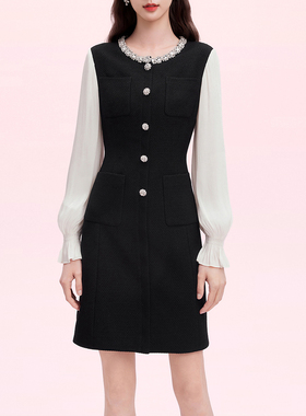 商场同款珂奈禾拉 冬春款法式名媛重工拼接黑宴会连衣裙RF07019W0